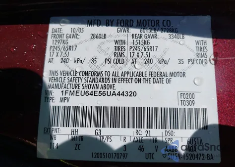 2006 Ford Explorer Eddie Bauer from USA, damaged, VIN 1FMEU64E56UA44320